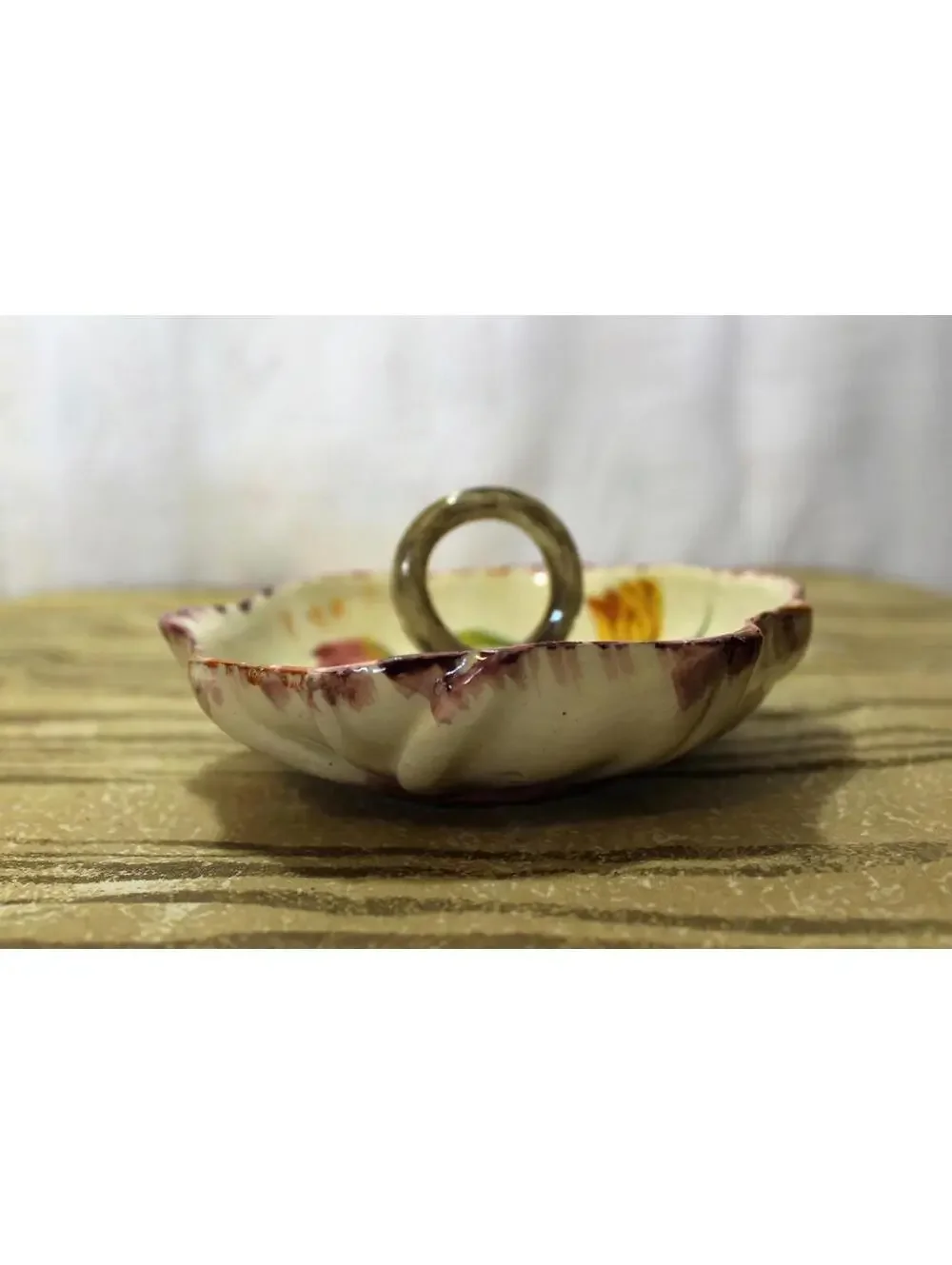 Antique Victorian Italian Majolica Relish Server, Handled Bowl, Colorful Flowers